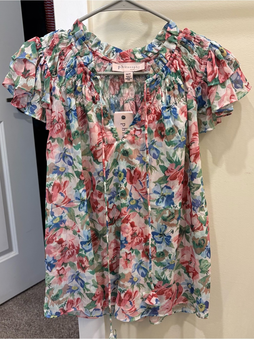 Philosophy Floral Ruffle-Sleeve Blouse in Pink, Blue, Green
